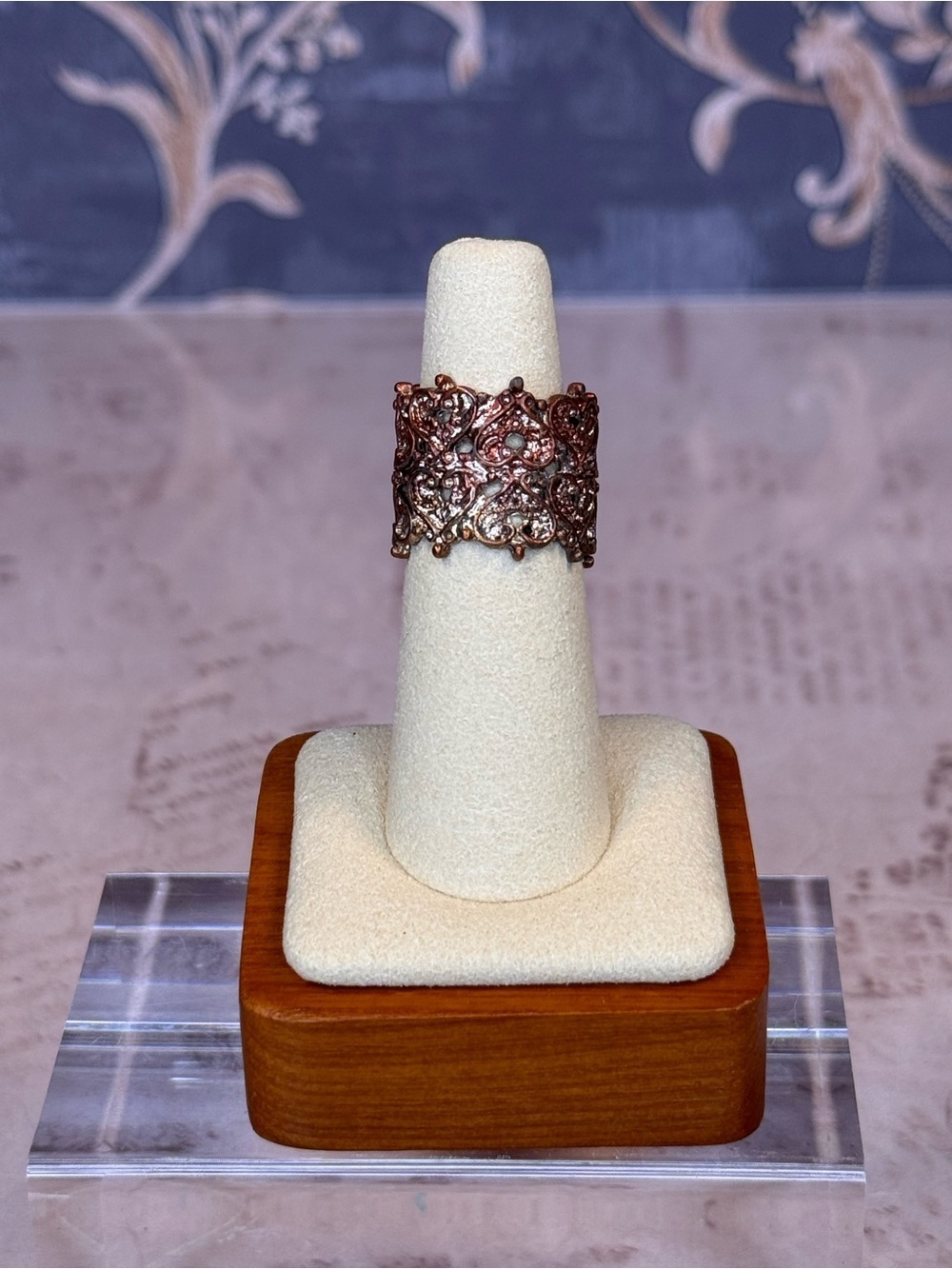 Wide Filigree Scroll Band Ring Silver Plate Copper Tone Size 6 D65